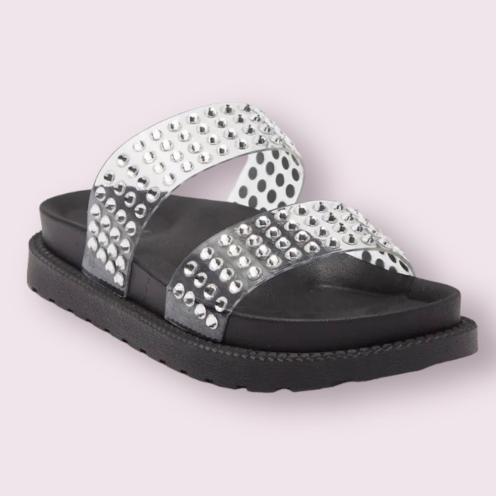 Catherine Malandrino Rhinestone Embellished Clear Double Strap Slide Sandals